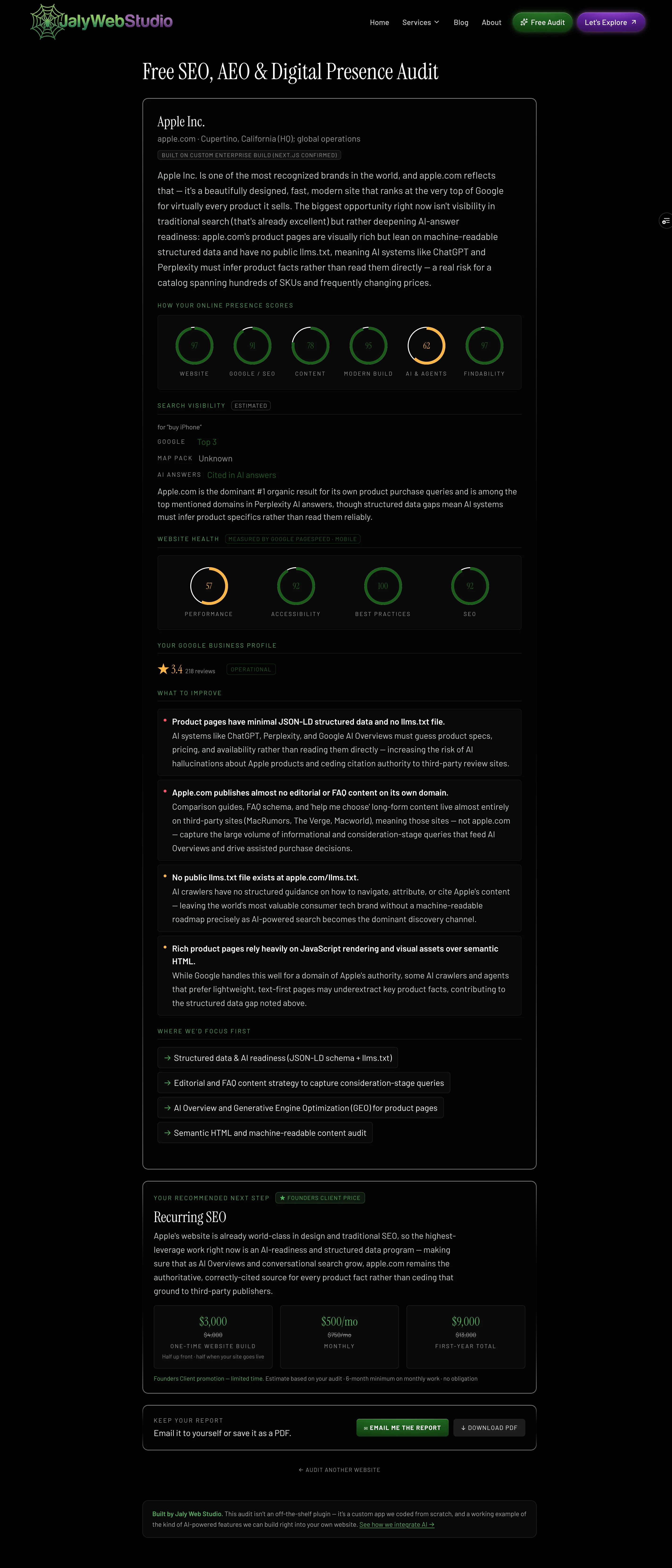 Example SEO audit report from Jaly Web Studio — overall score, Core Web Vitals, search and AI-answer visibility, and prioritized fixes.